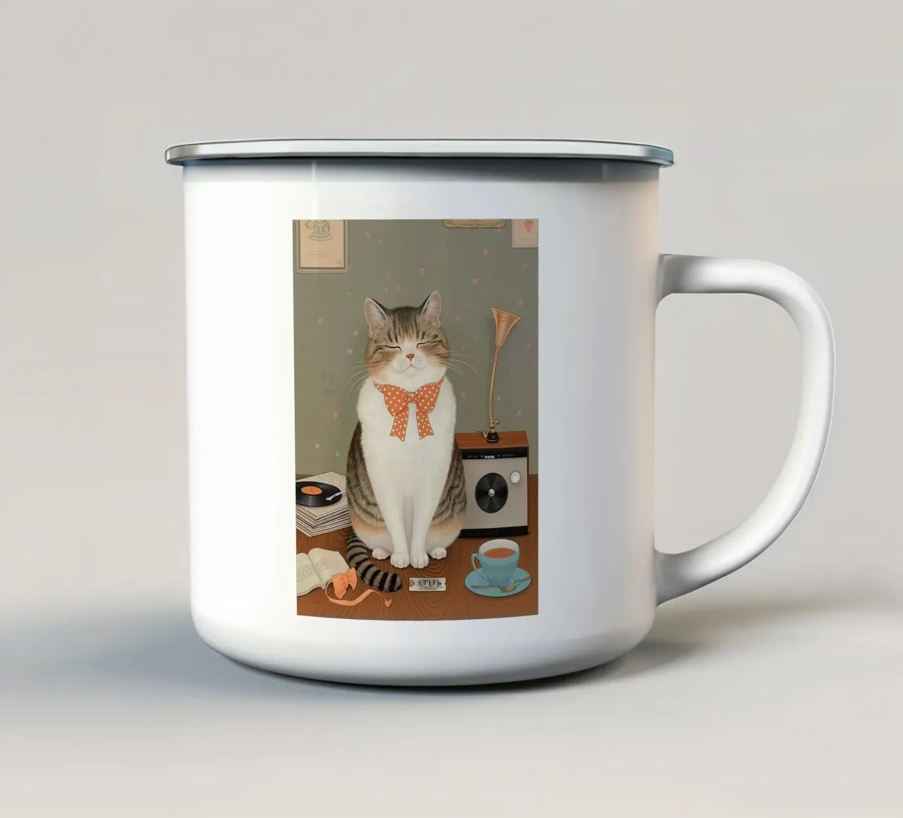 L'accogliente melodia del gatto tazza in smalto da Rustic Grace Studio 02