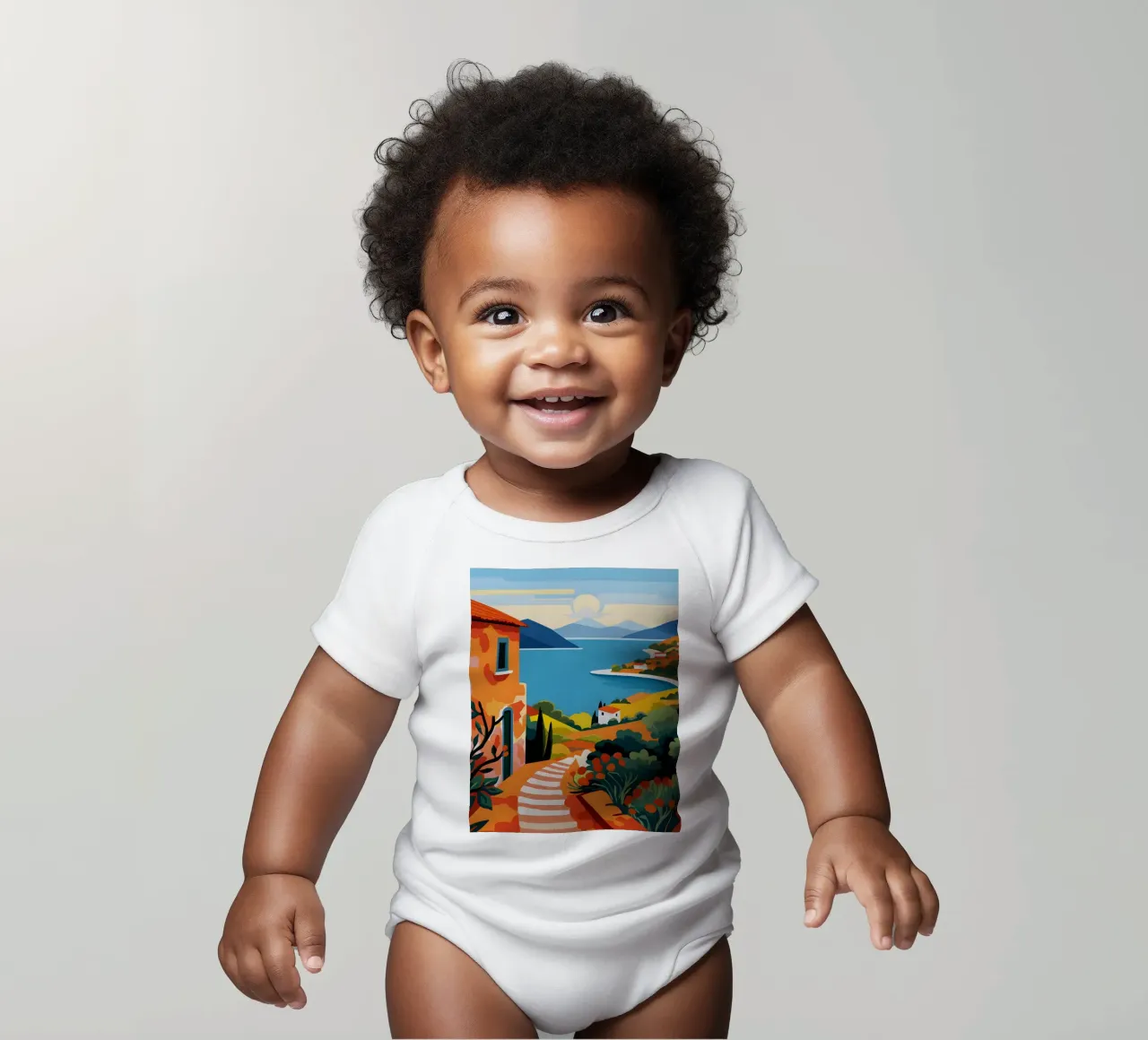 Mediterranean landscape art print short-sleeve baby romper by Whole©