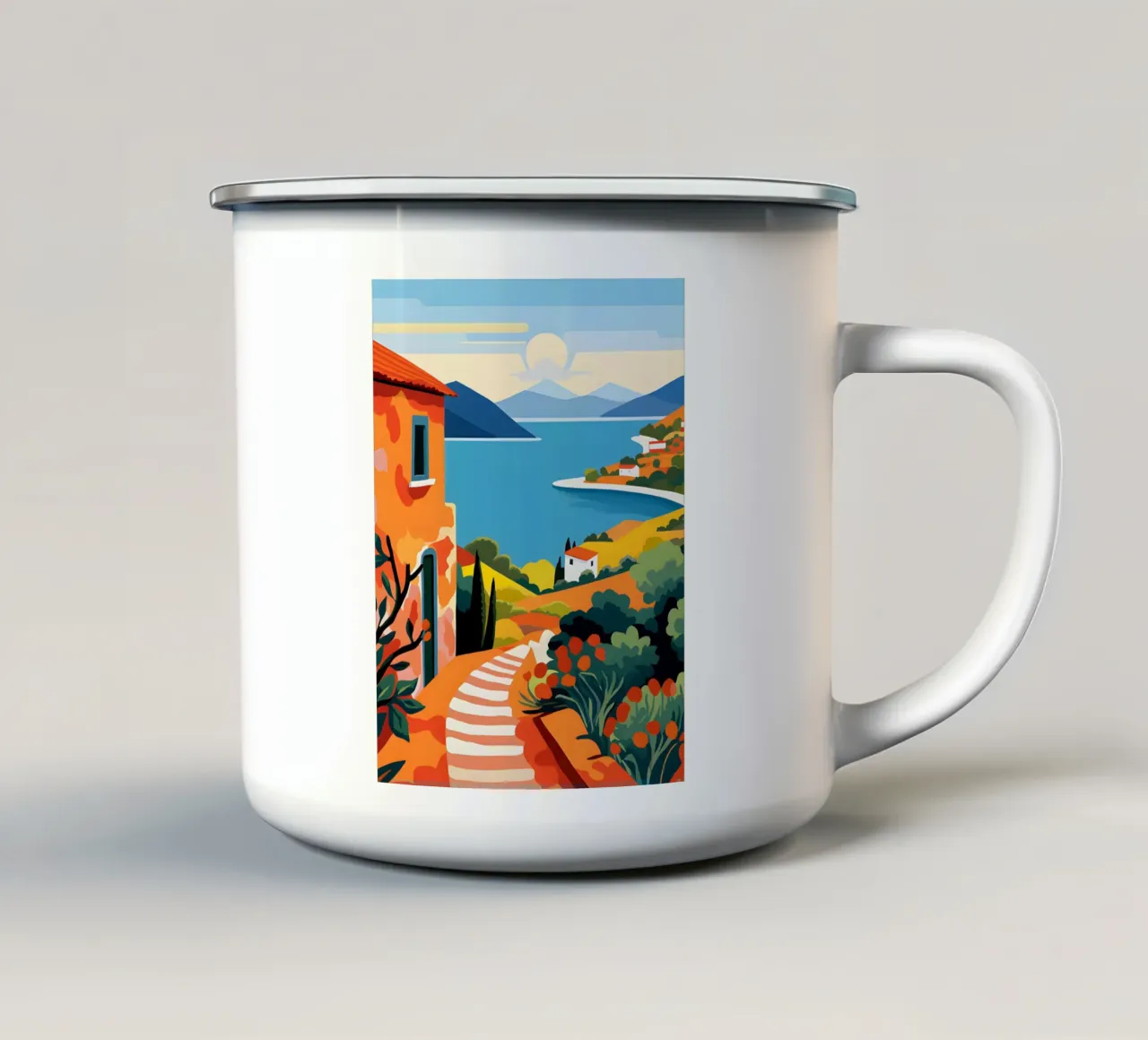 Kunstdruk van mediterraan landschap emaille mok van Whole©