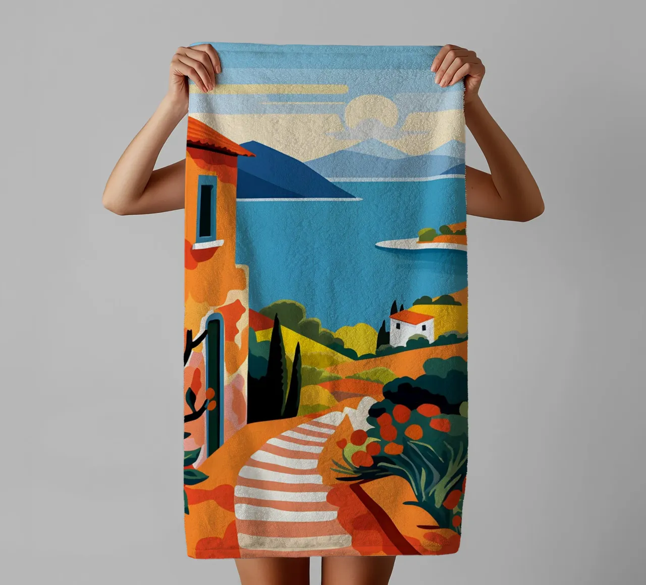 Mediterranean landscape art print towel by Whole©