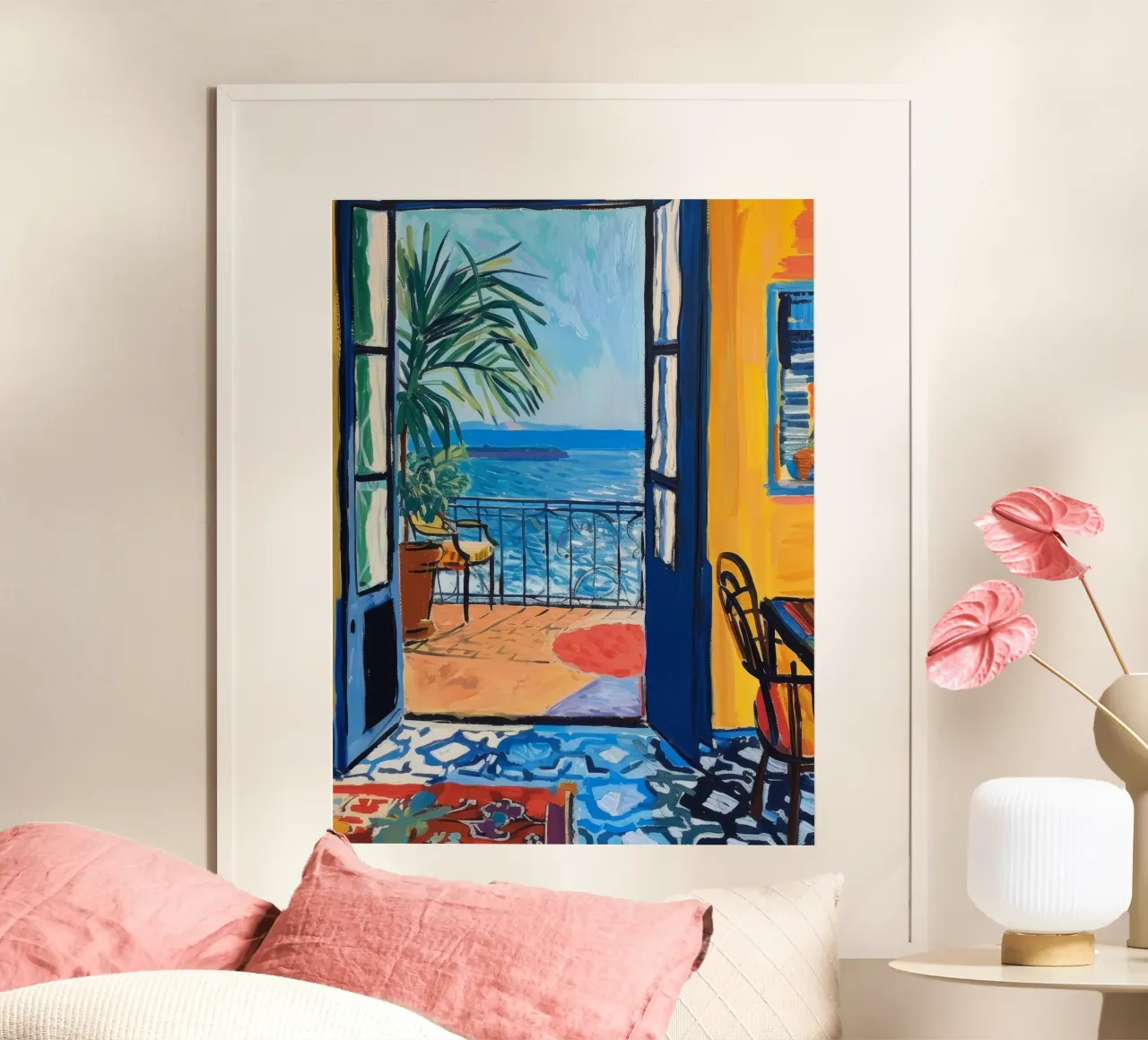 Vue sur la mer Terrasse Art poster avec cadre en bois de Whole©