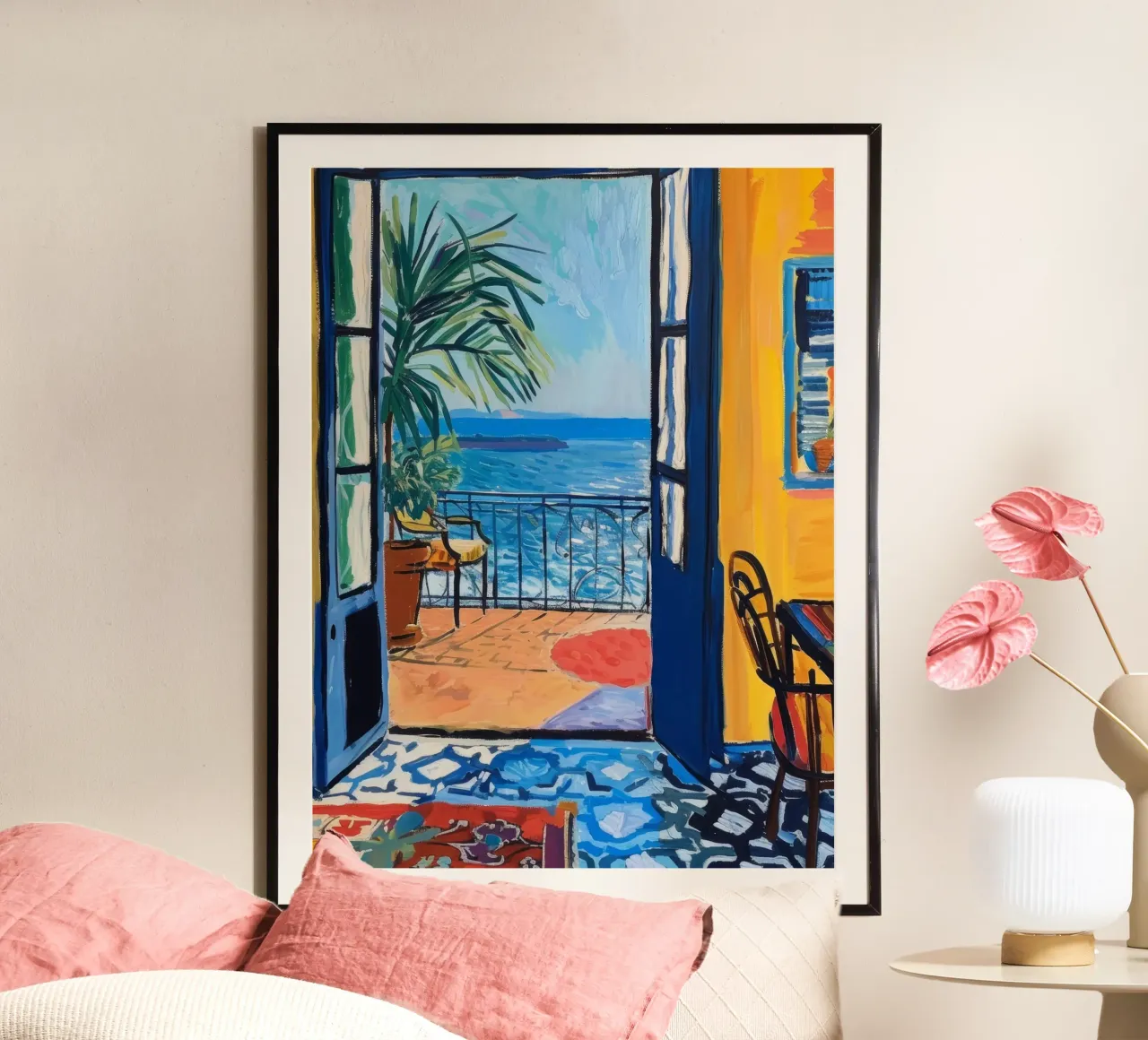 Vue sur la mer Terrasse Art poster avec cadre en bois de Whole©