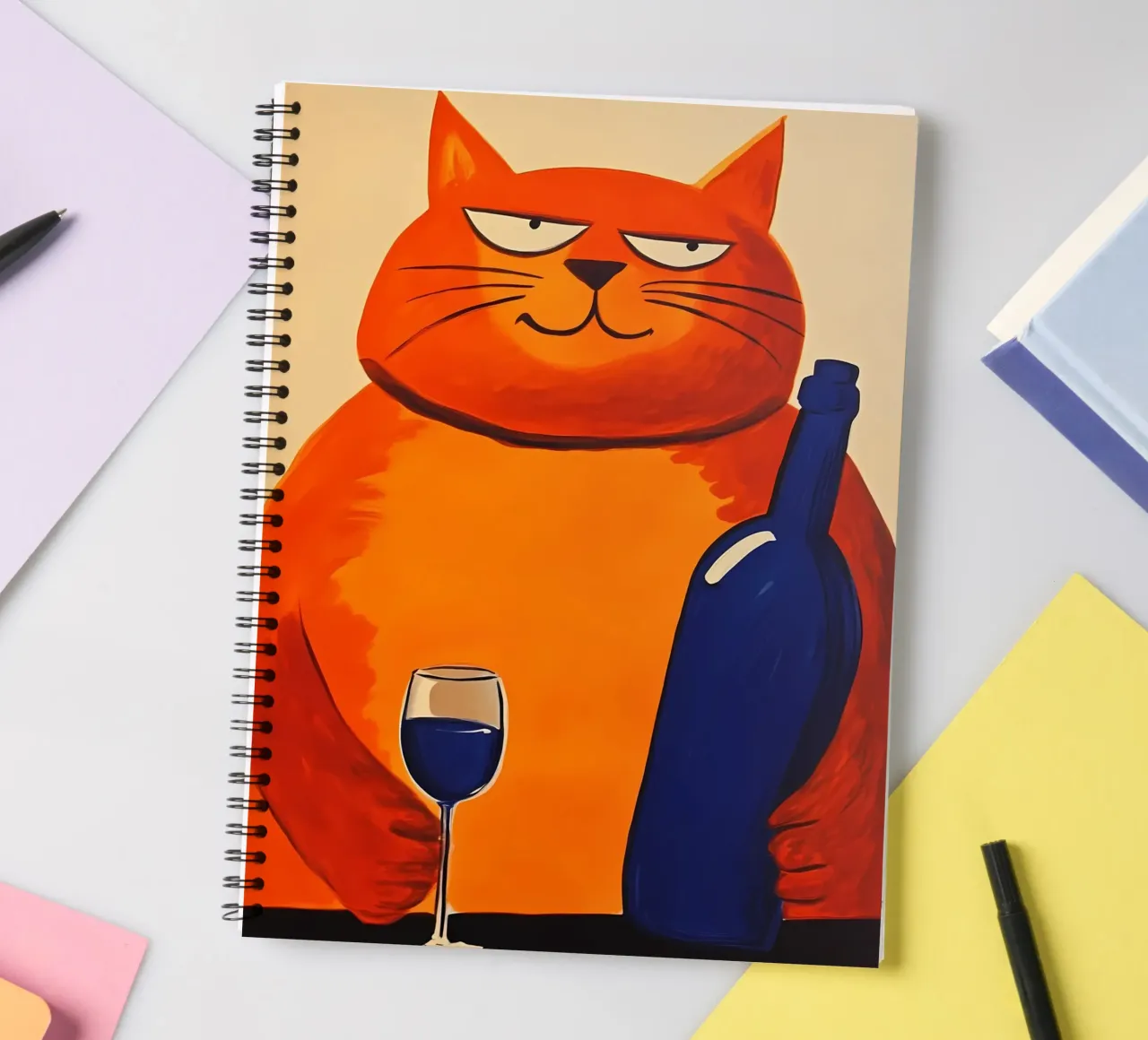 Red Cat with Wine 2 spiral notebook by IamHomeStudio