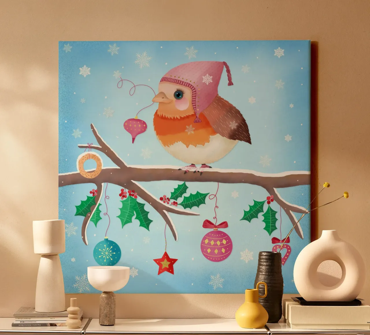 El pequeño petirrojo te desea una Feliz Navidad lienzo con Marco flotante de CalliLetters