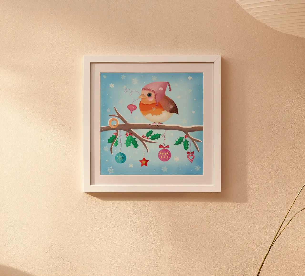 El pequeño petirrojo te desea una Feliz Navidad poster con marco de madera de CalliLetters