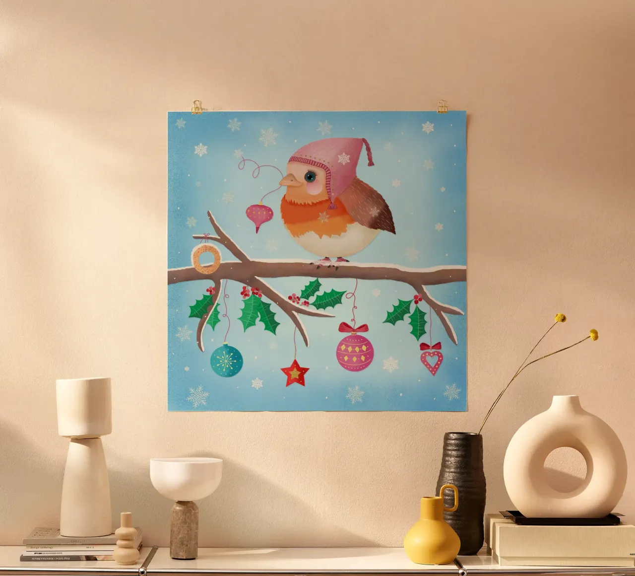 El pequeño petirrojo te desea una Feliz Navidad poster con marco de madera de CalliLetters