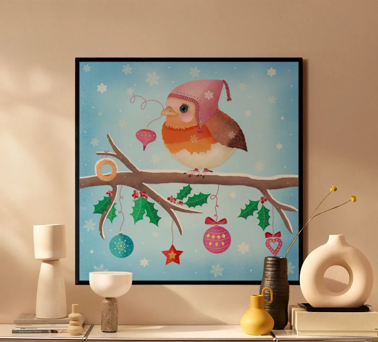 El pequeño petirrojo te desea una Feliz Navidad poster con marco de madera de CalliLetters
