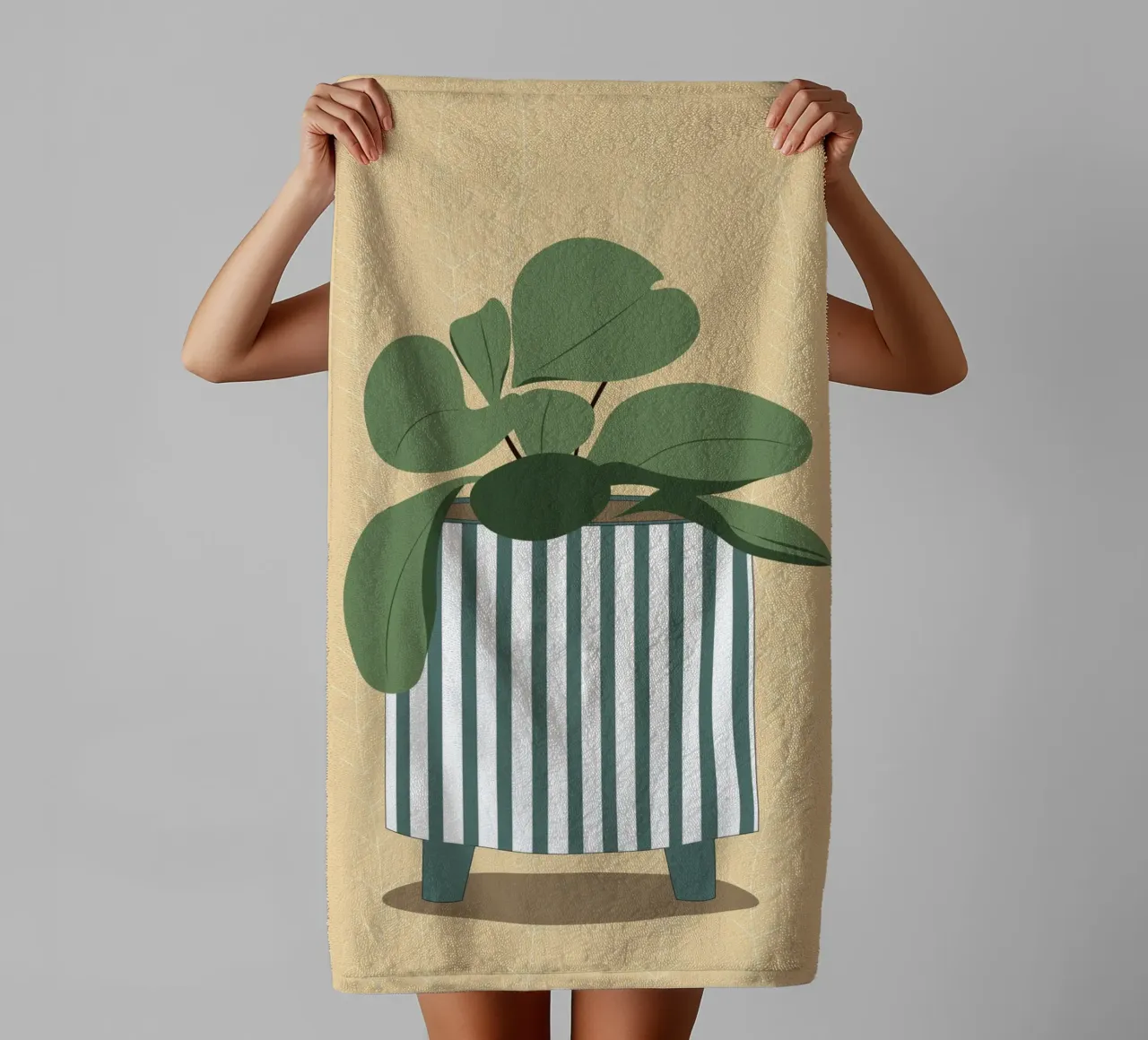 Arte vegetale bohémien - illustrazione di foglie e strisce asciugamano da bagno da Whole©
