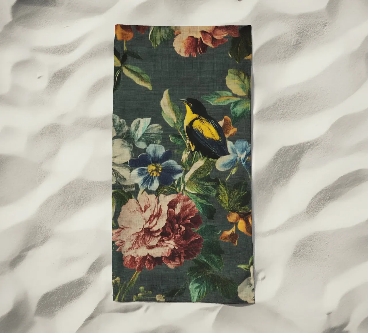 Fiori rinascimentali con uccello telo mare da Carinaprint
