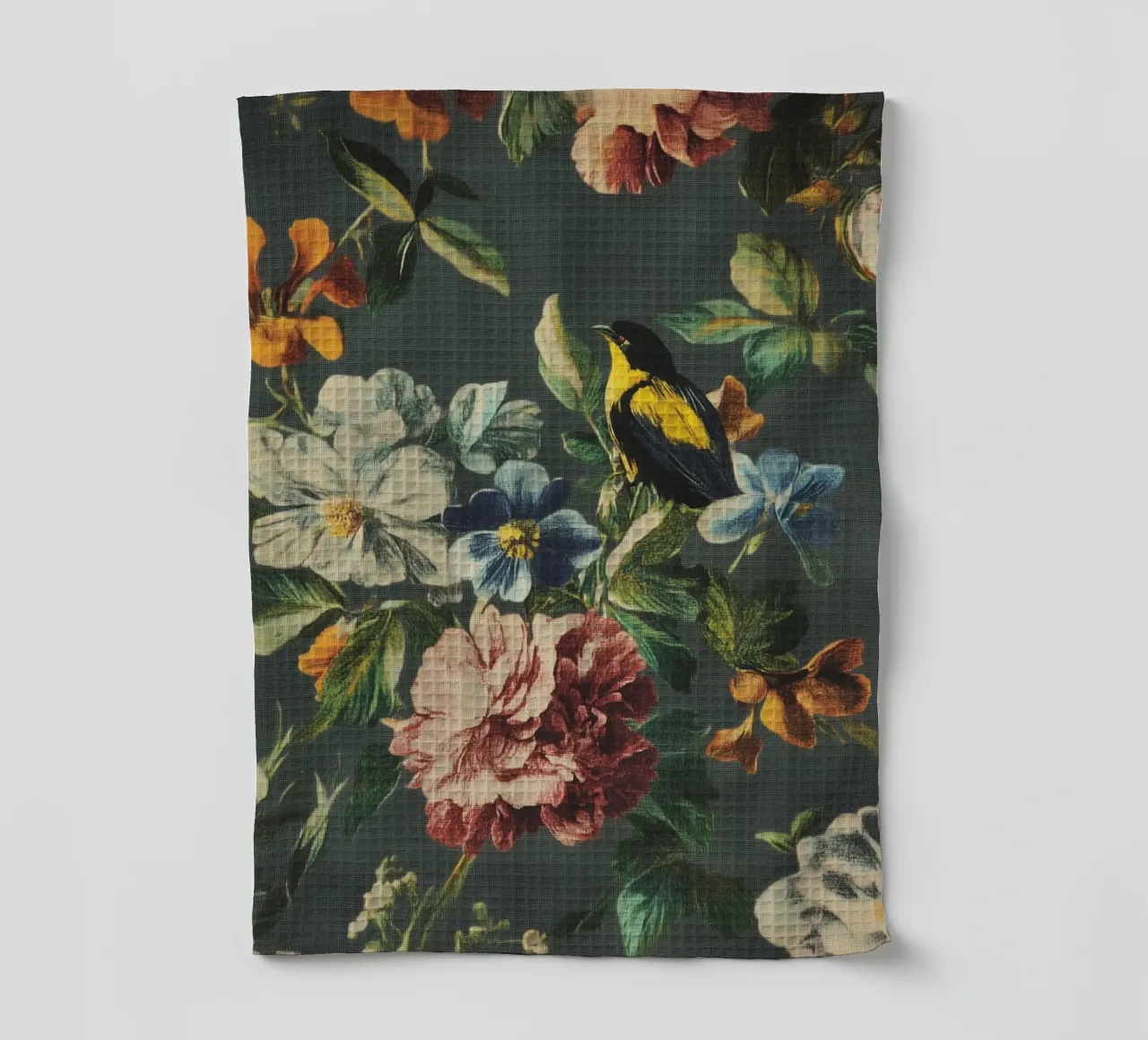 Fiori rinascimentali con uccello canovaccio da cucina da Carinaprint