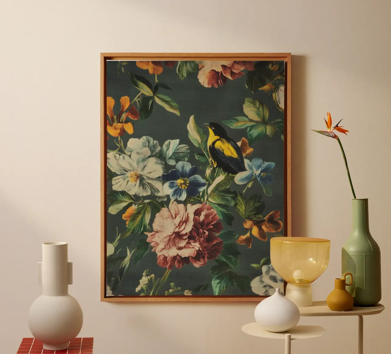Renaissance bloemen met vogel canvas met Baklijst van Carinaprint