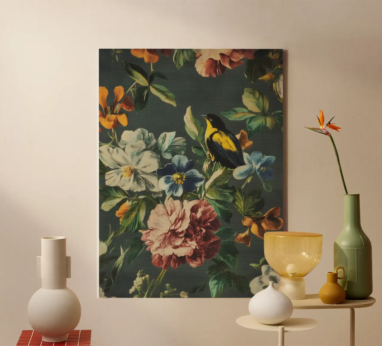 Renaissance bloemen met vogel canvas met Baklijst van Carinaprint
