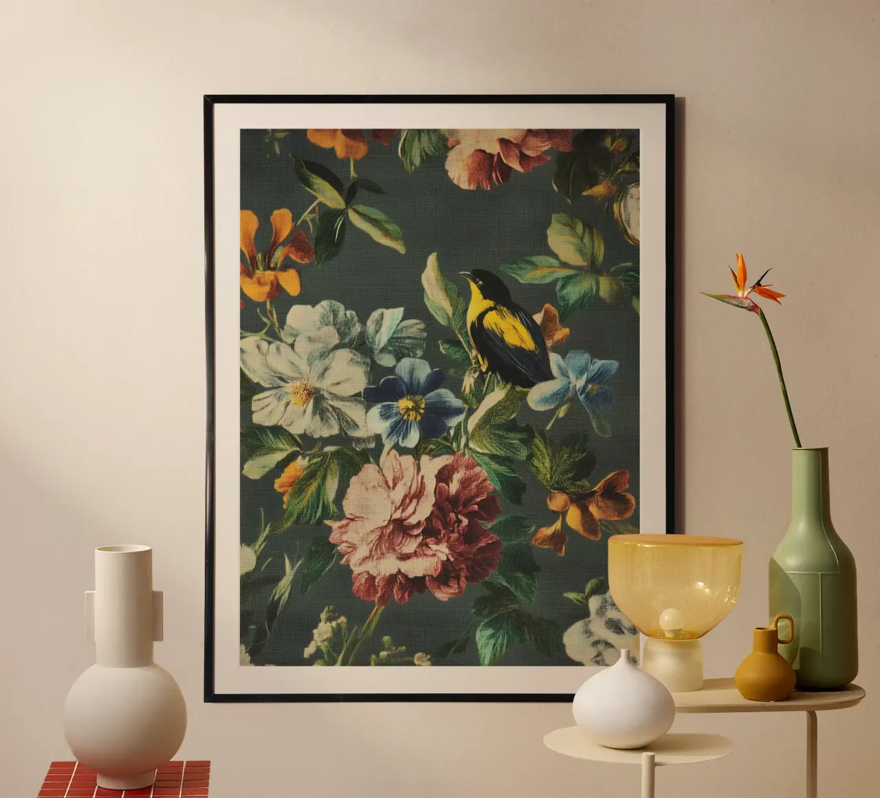 Fiori rinascimentali con uccello poster con telaio in alluminio da Carinaprint