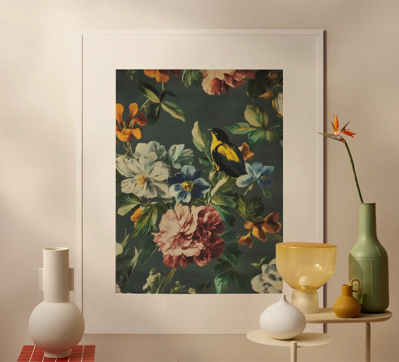 Fiori rinascimentali con uccello poster con telaio in alluminio da Carinaprint