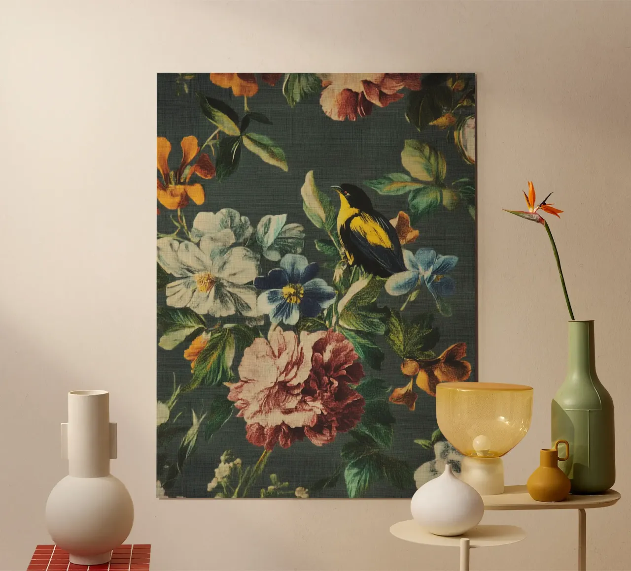 Fiori rinascimentali con uccello poster con telaio in alluminio da Carinaprint