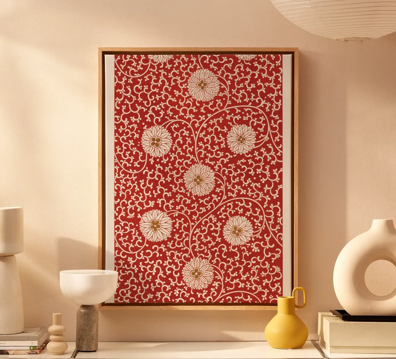 Oosters bloemenpatroon - Elegant rood ontwerp canvas met Baklijst van Whole©