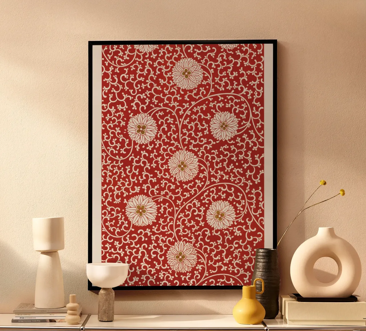 Motivo floreale orientale - Elegante design rosso poster con telaio in legno da Whole©