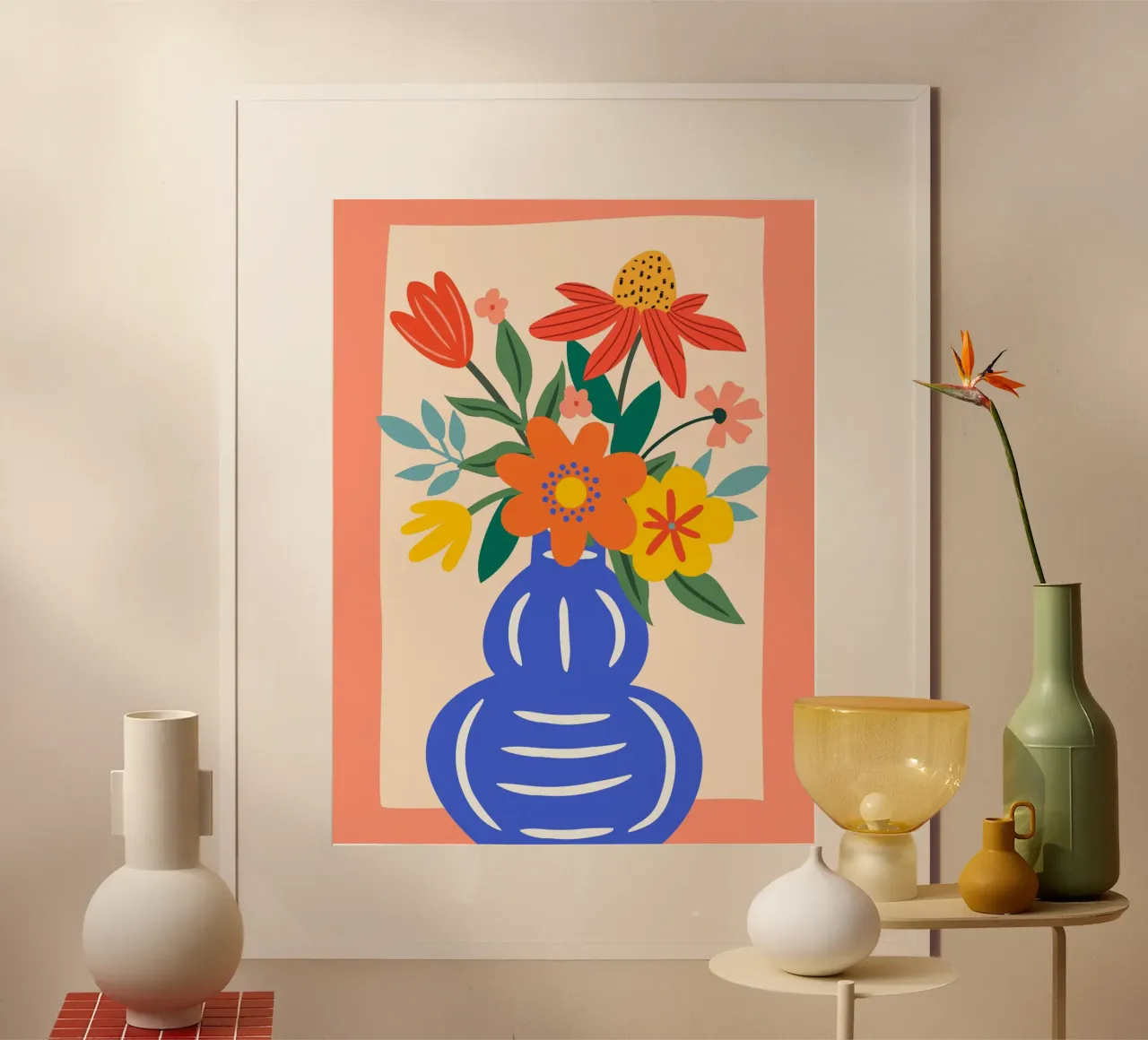 Fleurs multicolores dans un vase - Moderne & Joyeux poster avec cadre en bois de Whole©