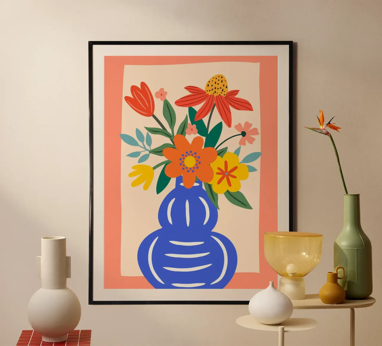 Fleurs multicolores dans un vase - Moderne & Joyeux poster avec cadre en bois de Whole©