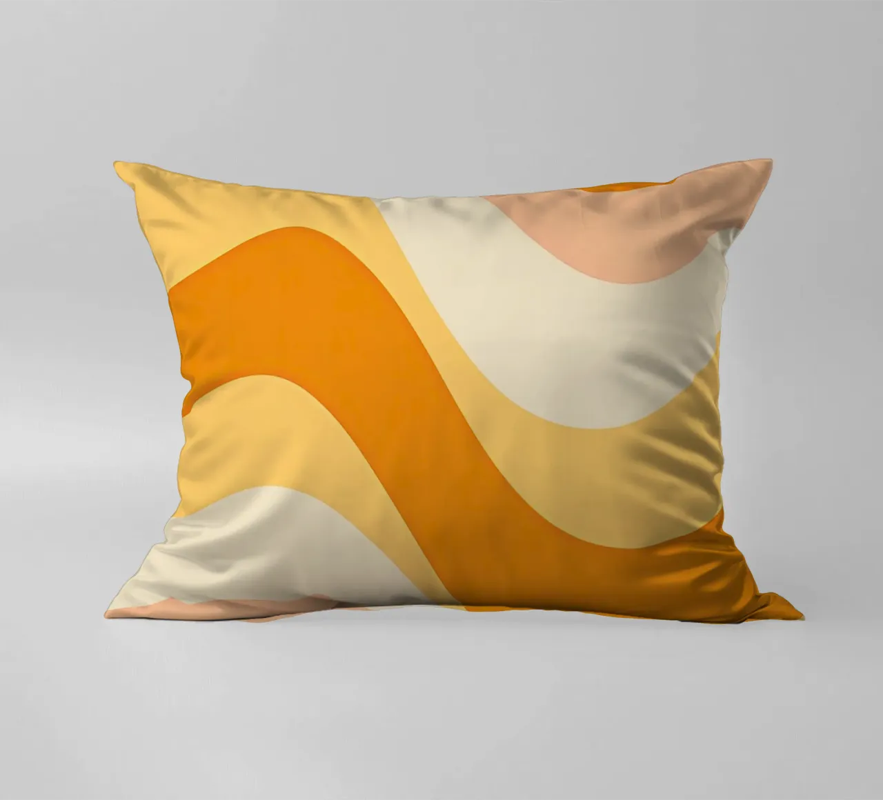 Abstract 70s peach and mustard pattern decorative cushion by Autofocus