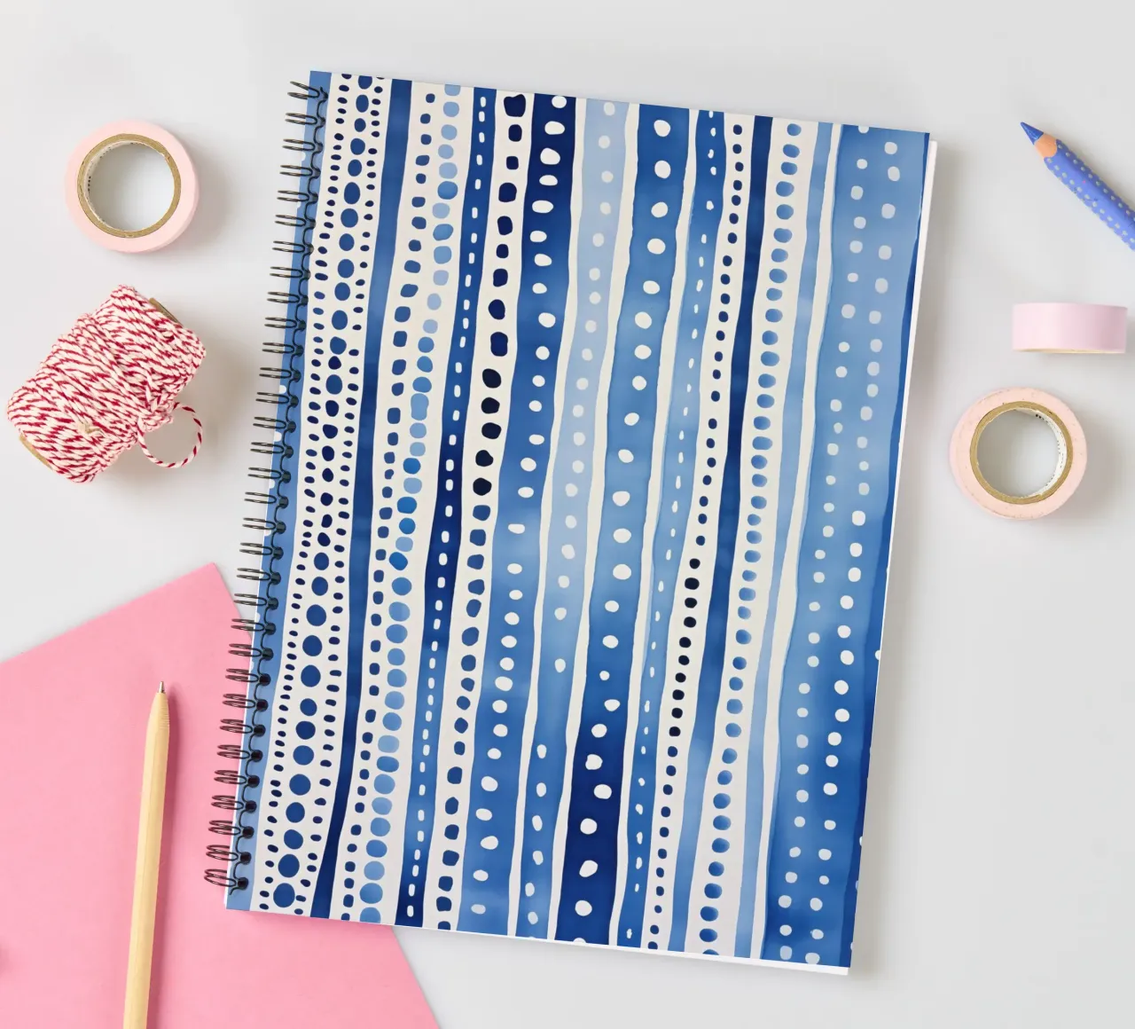 Blue watercolour pattern with stripes and dots spiral notebook by Autofocus