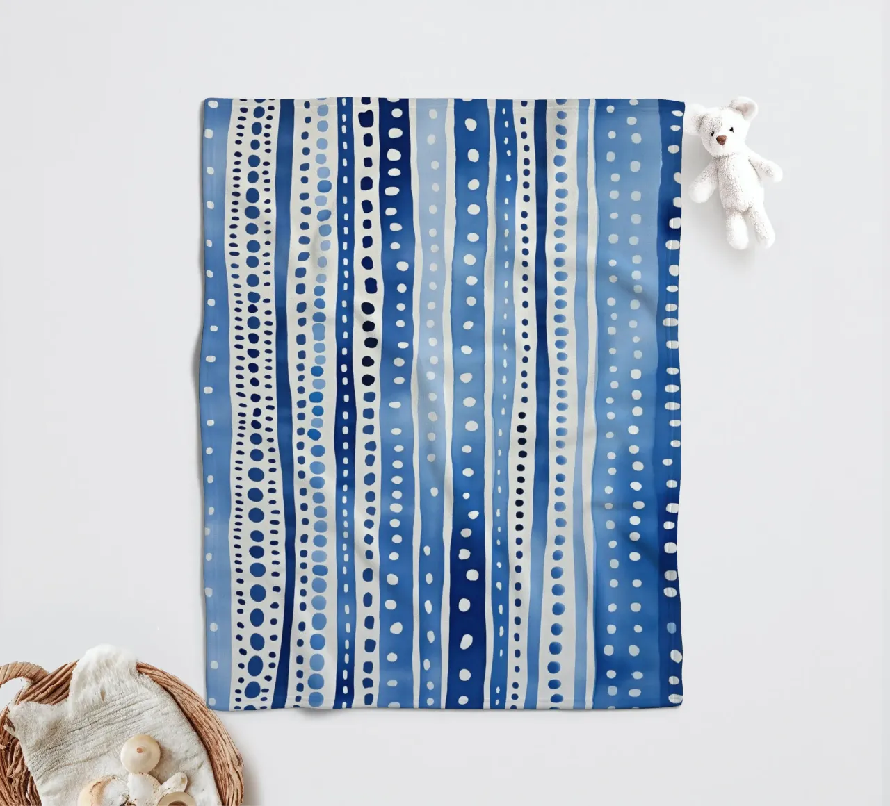 Blue watercolour pattern with stripes and dots fleece blanket by Autofocus