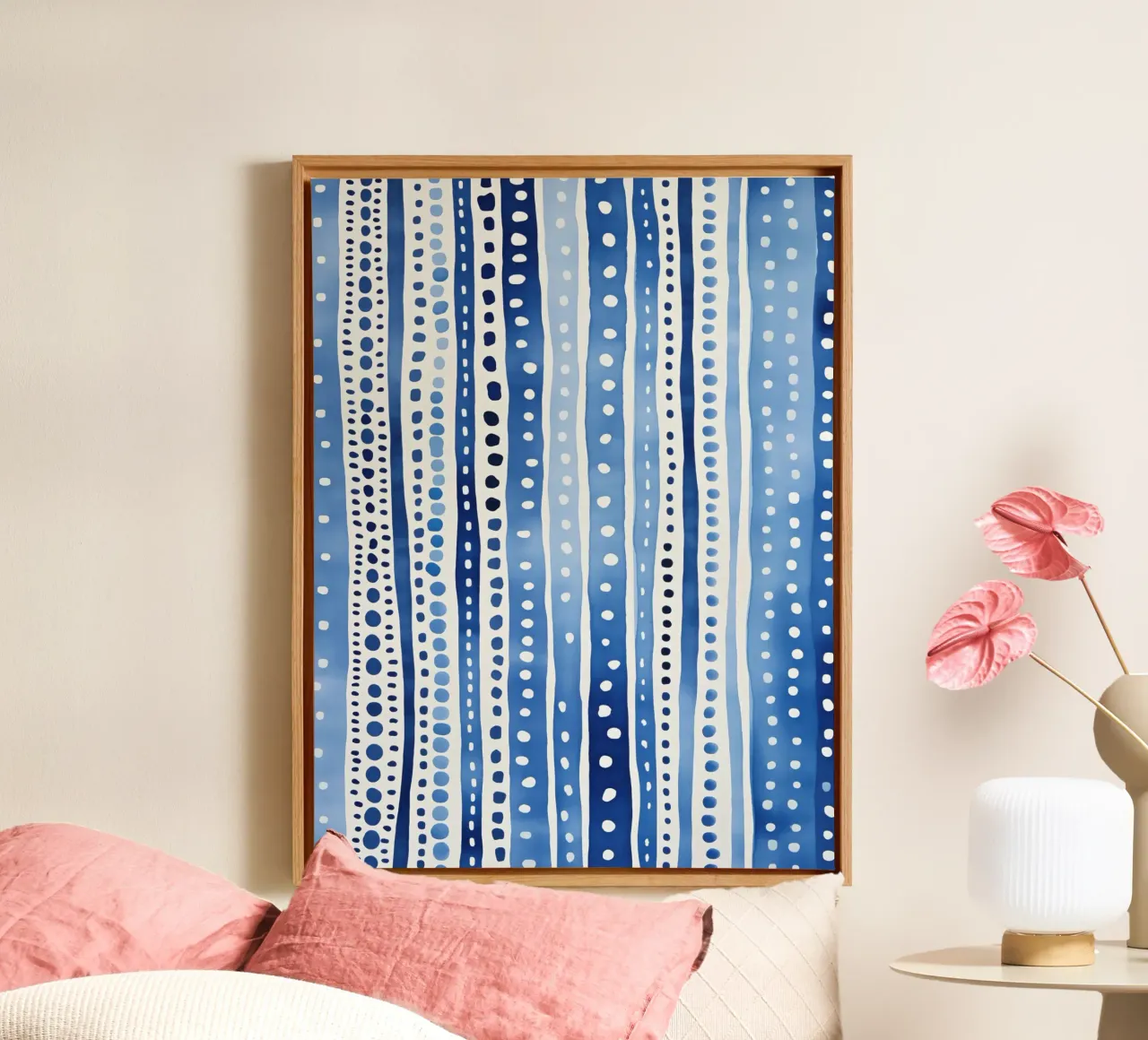 Blue watercolour pattern with stripes and dots canvas with Floater frame by Autofocus