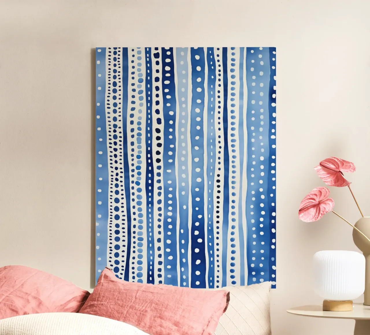 Blue watercolour pattern with stripes and dots canvas with Floater frame by Autofocus