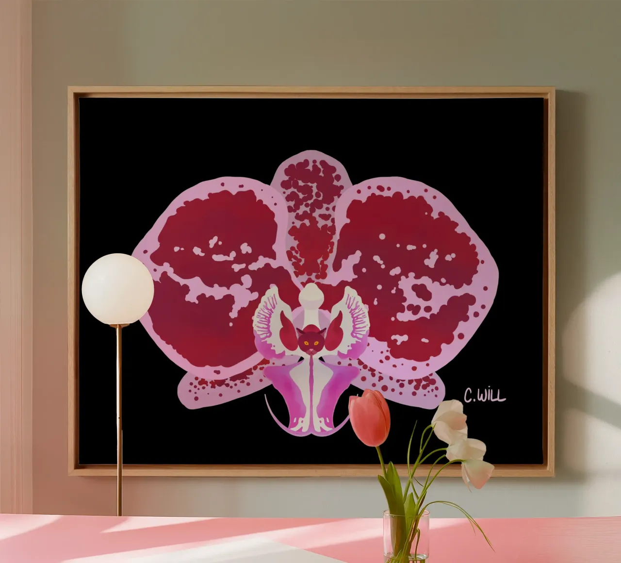 Gatto orchidea tela con Cornice a cassetta da C.WILL
