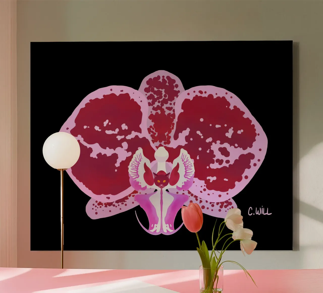 Gatto orchidea tela con Cornice a cassetta da C.WILL