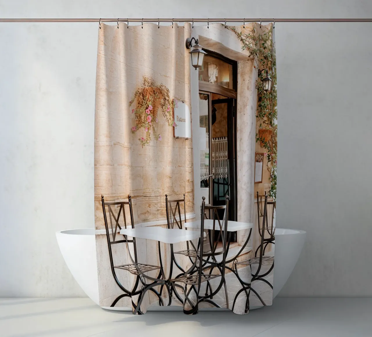 Italian Cafe Print, Brunch Print, European La Dolce Vita tenda da doccia da TheTravelClub