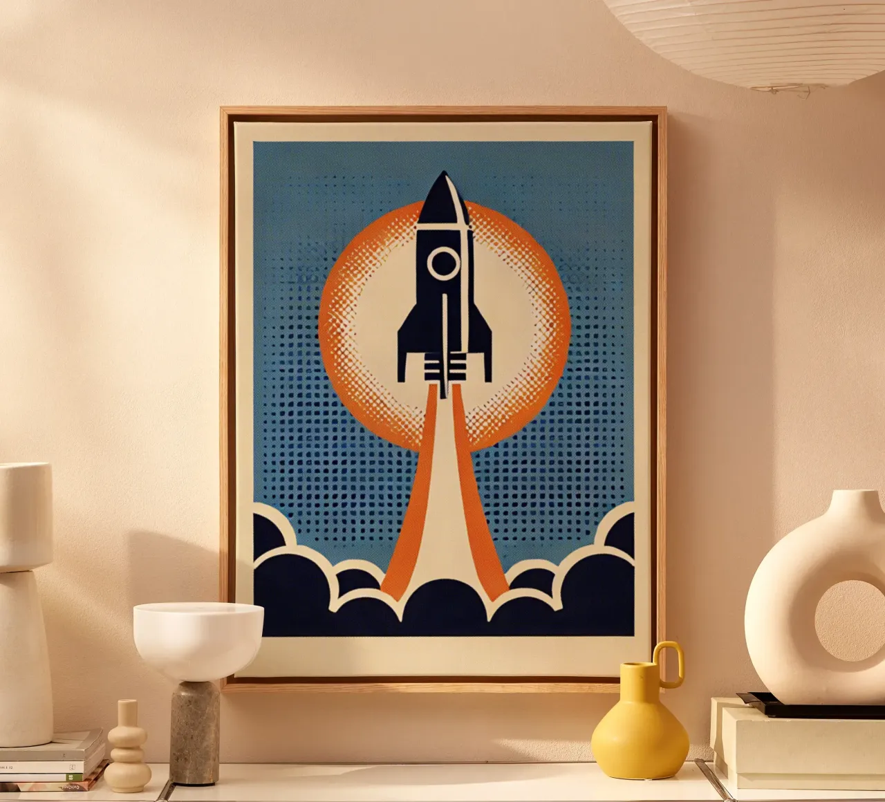 Rocket - Vintage poster printing canvas with Floater frame by posterprints-by-nomad