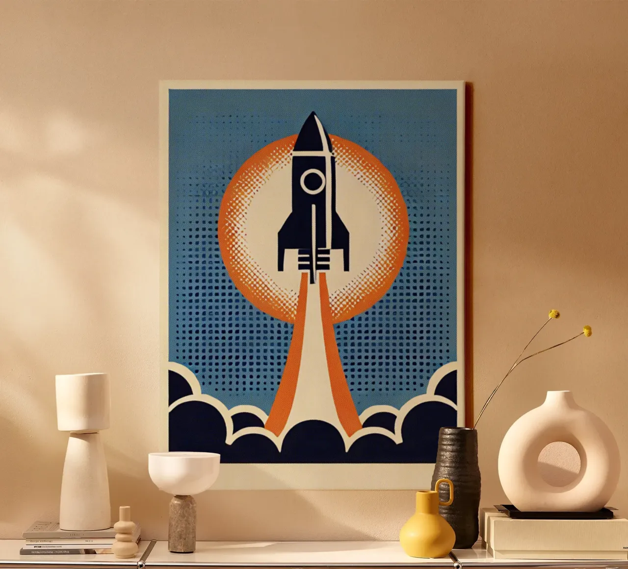 Rocket - Vintage poster printing canvas with Floater frame by posterprints-by-nomad
