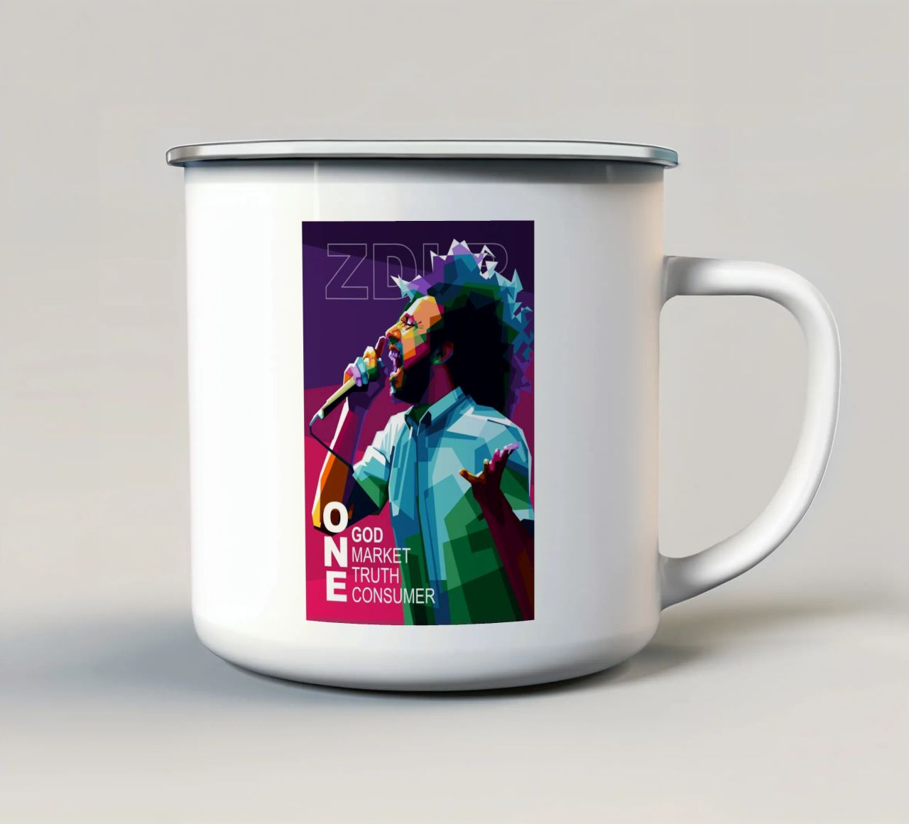 UN SEUL DIEU, UN SEUL MARCHÉ, UNE SEULE VÉRITÉ, UN SEUL CONSOMMATEUR. mug en émail de Alkahfsmart