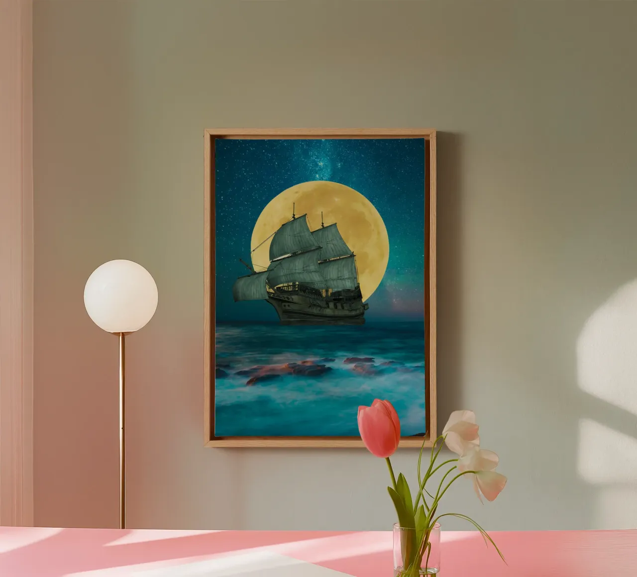 Zeilen onder de volle maan canvas met Baklijst van Berwies Artwork