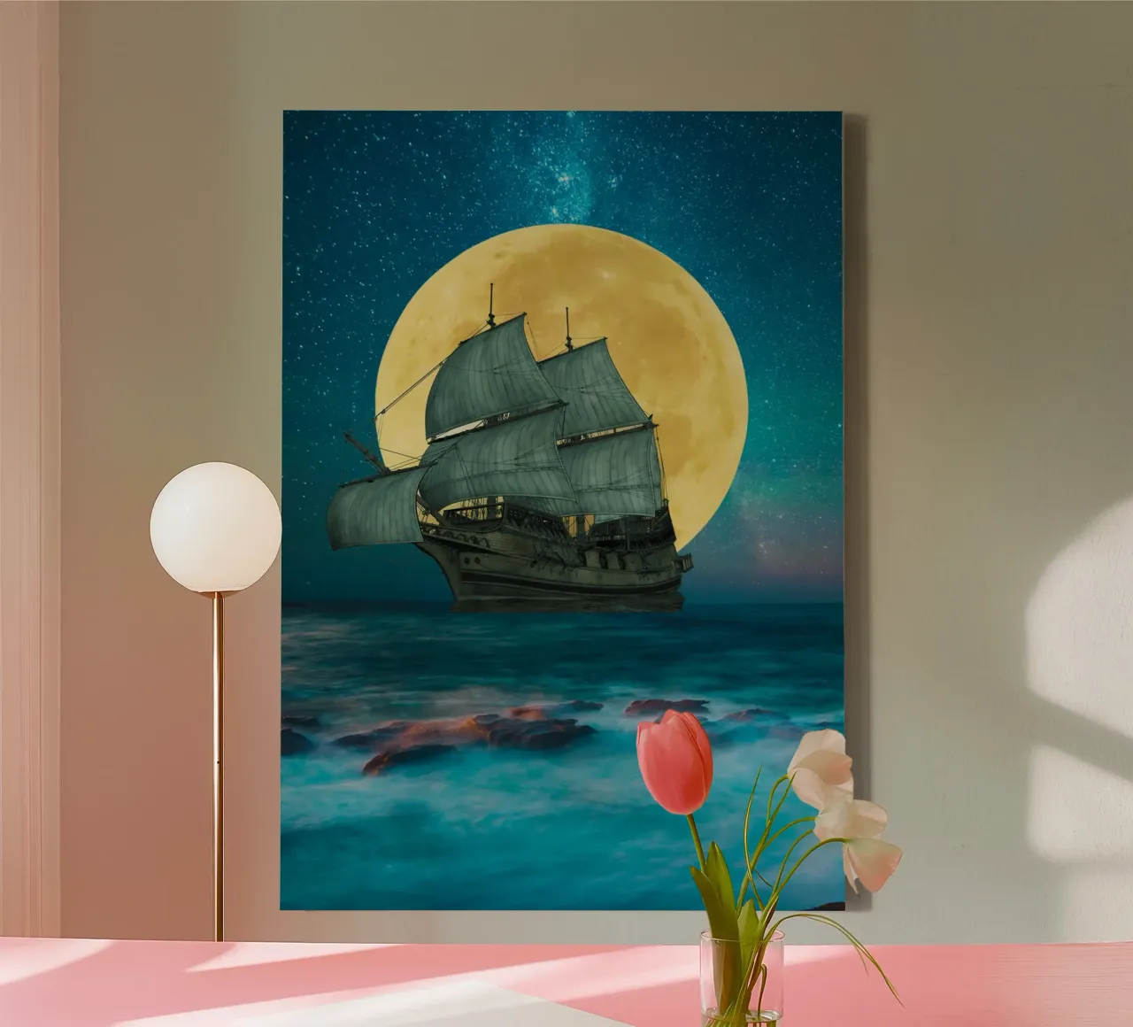 Zeilen onder de volle maan canvas met Baklijst van Berwies Artwork