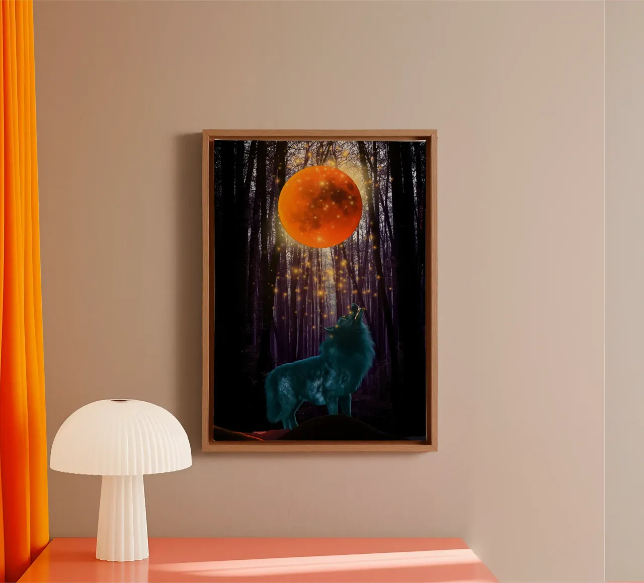 Lupo che ulula alla luna rossa tela con Cornice a cassetta da Berwies Artwork