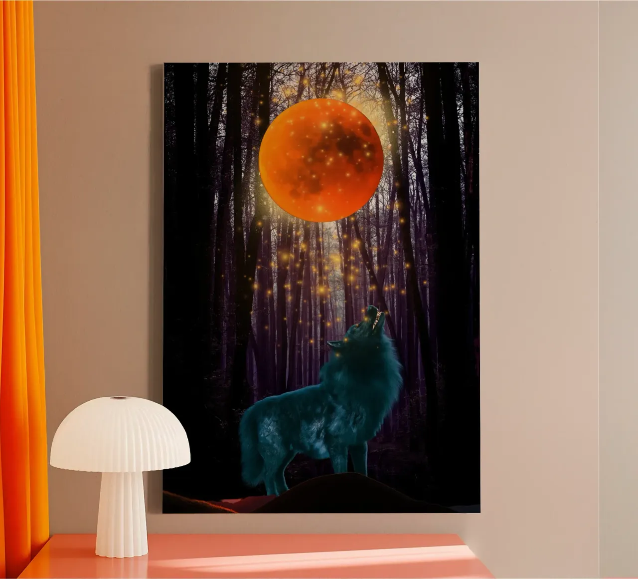 Lupo che ulula alla luna rossa tela con Cornice a cassetta da Berwies Artwork