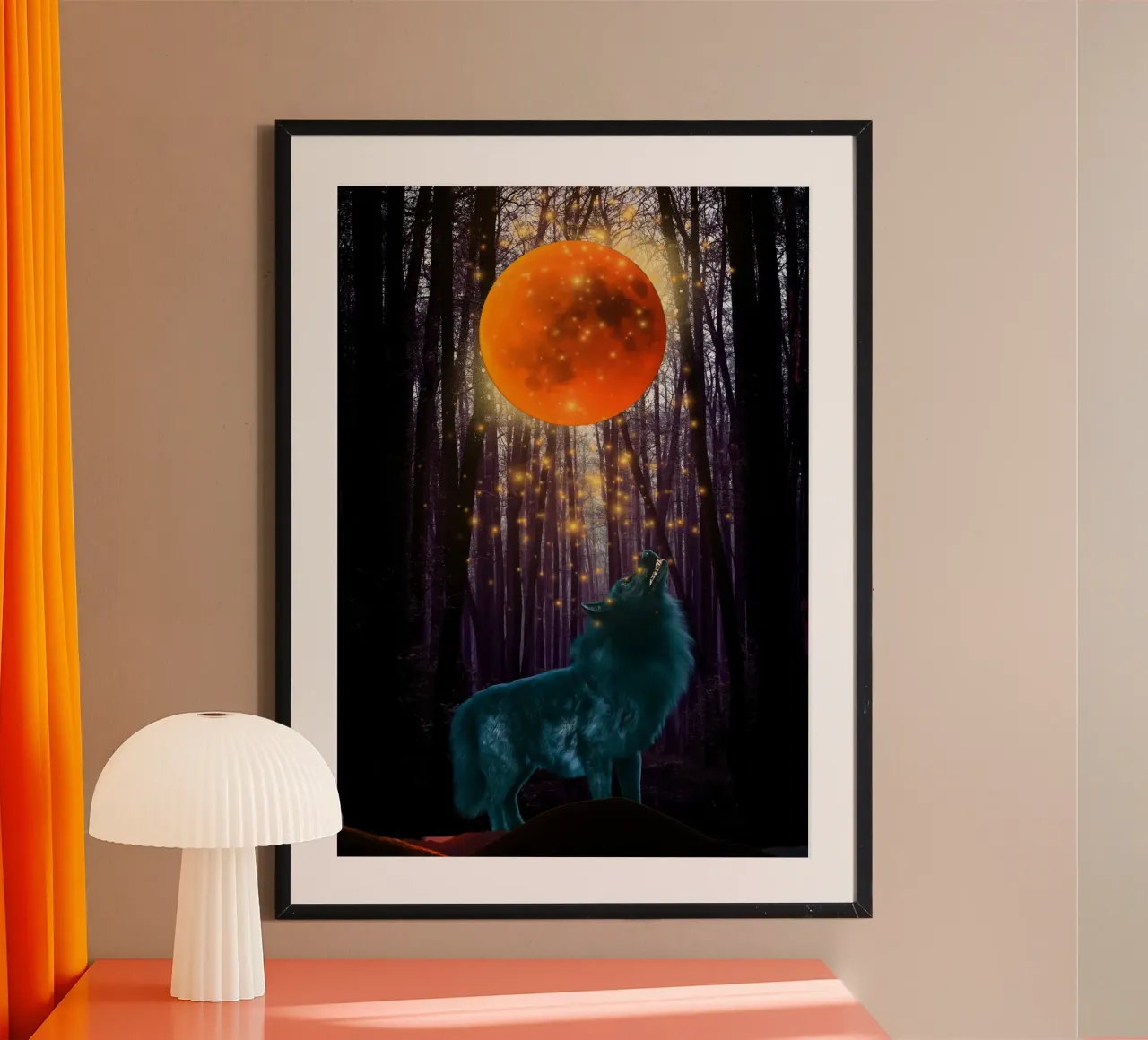 Wolf Howling at red Moon poster with plastic frame by Berwies Artwork