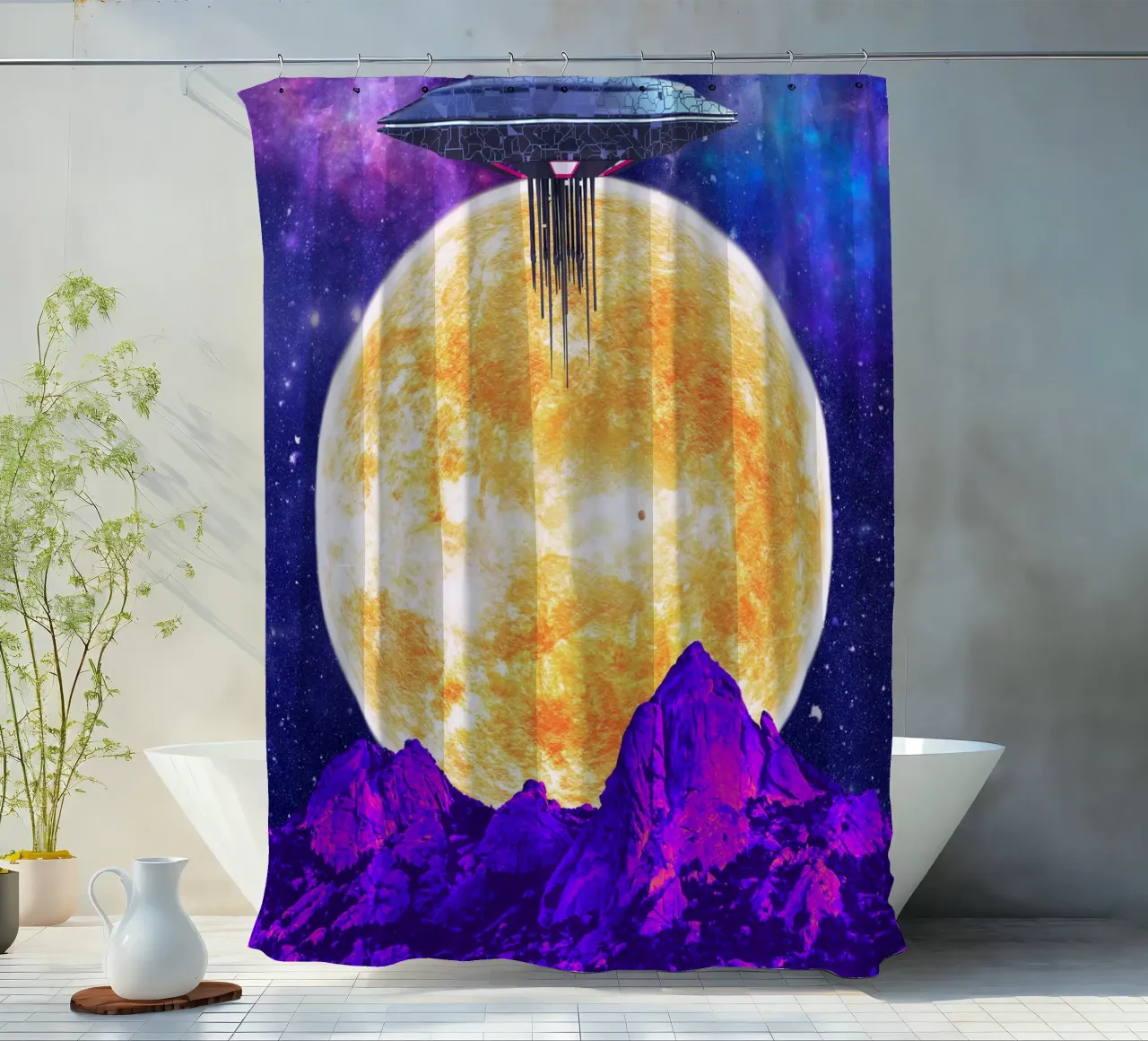 UFO over the sun shower curtain by Berwies Artwork