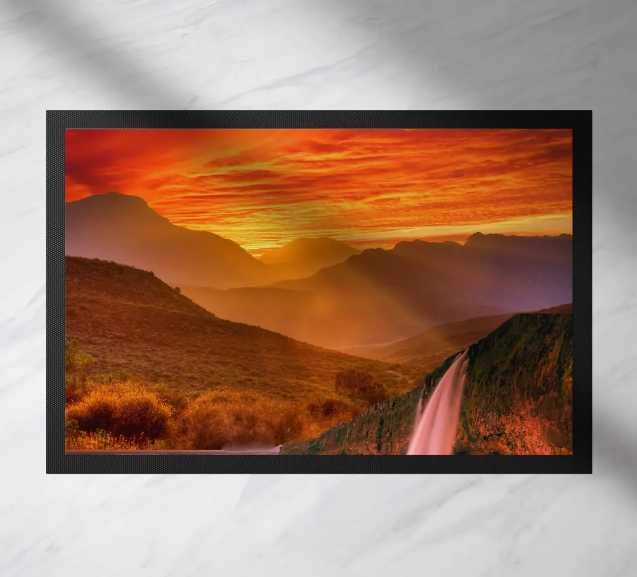 Waterfall Sunset Landscape doormat by Berwies Artwork