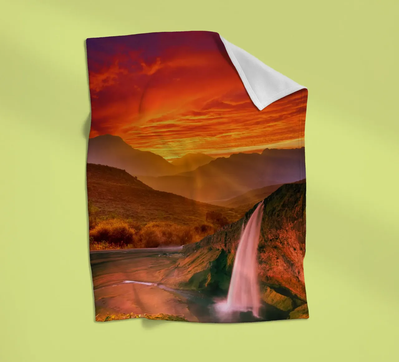 Waterfall Sunset Landscape fleece blanket by Berwies Artwork