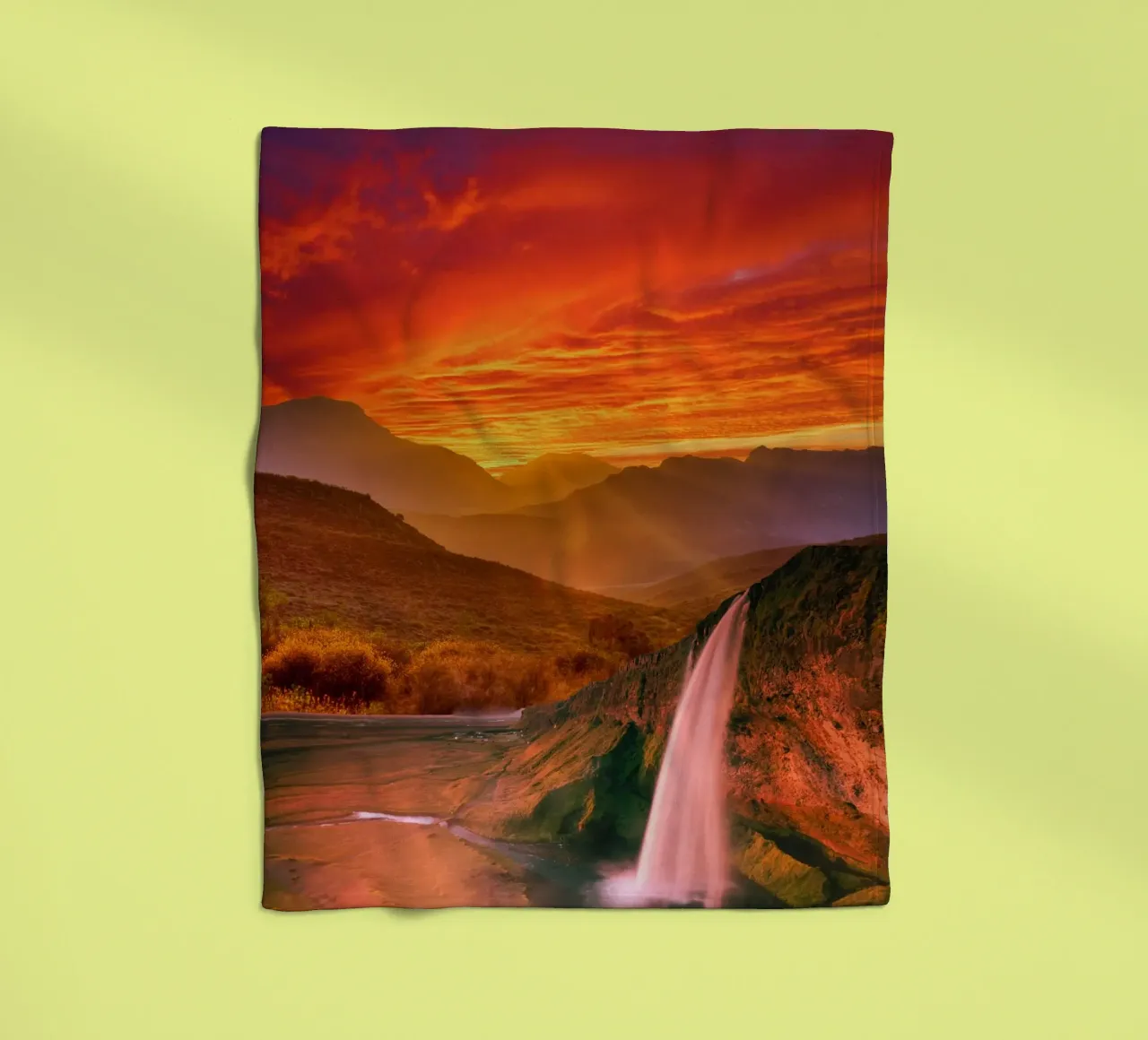 Waterfall Sunset Landscape fleece blanket by Berwies Artwork