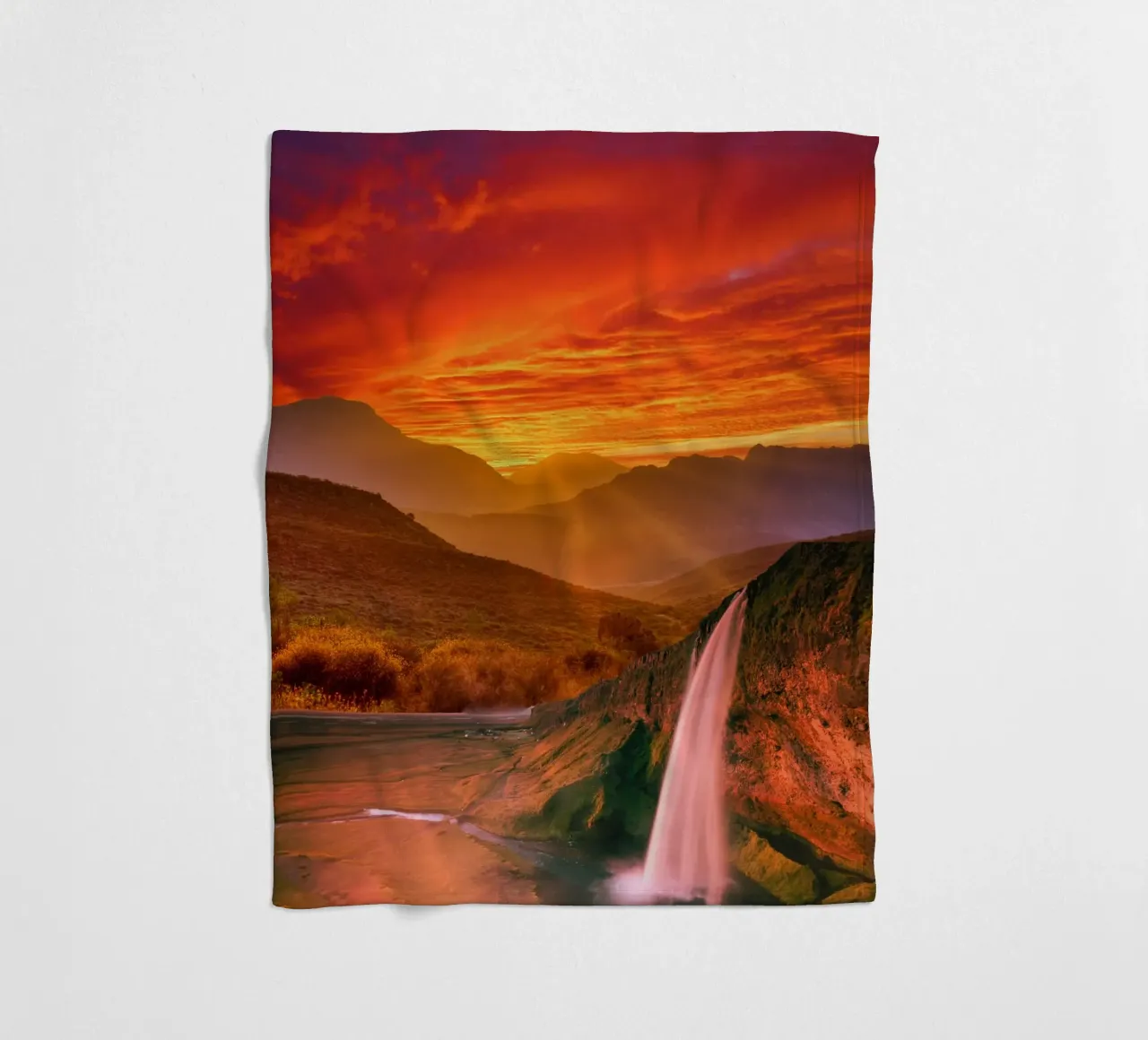 Waterfall Sunset Landscape fleece blanket by Berwies Artwork