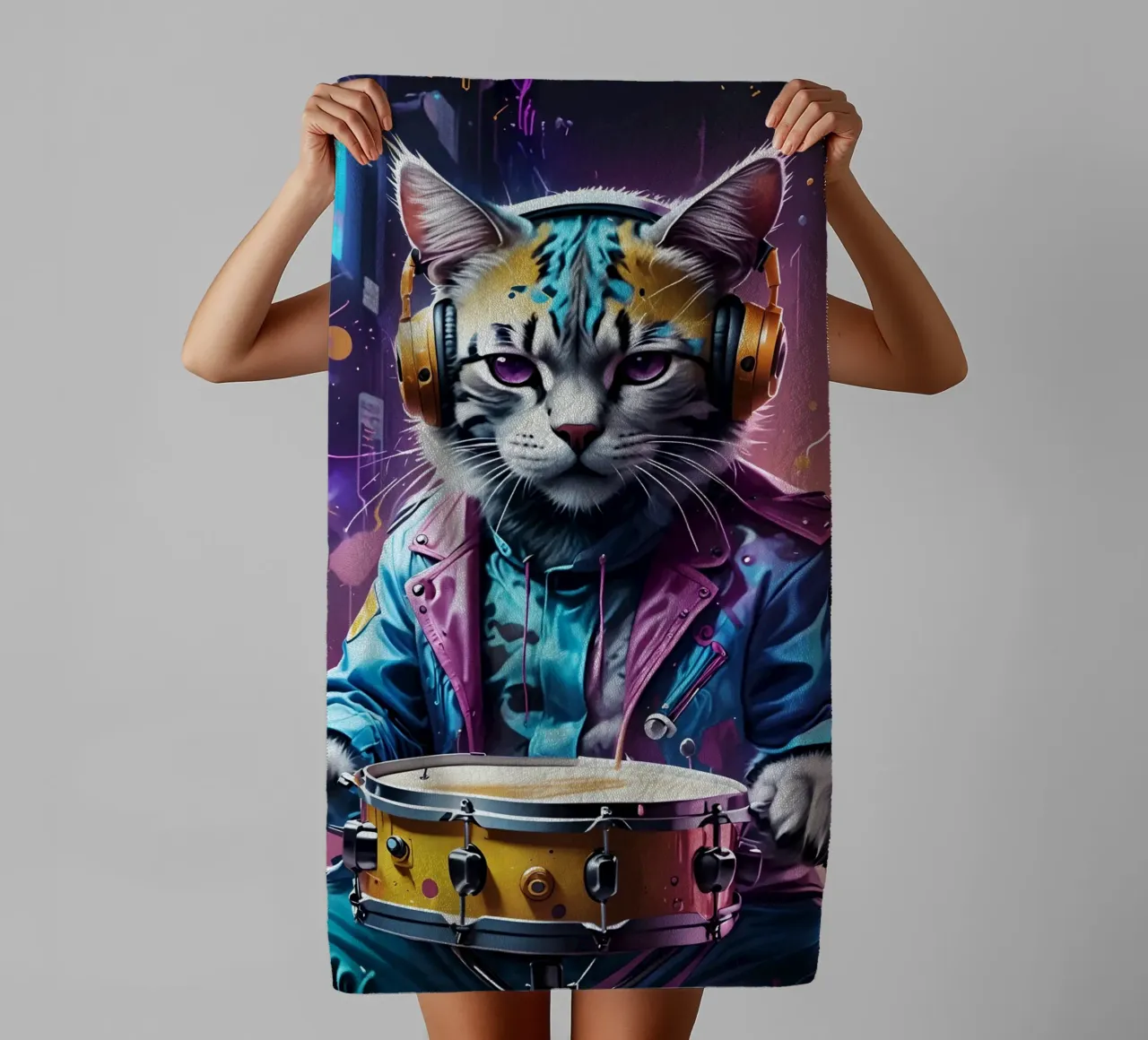 Cat and drum towel by MakArena