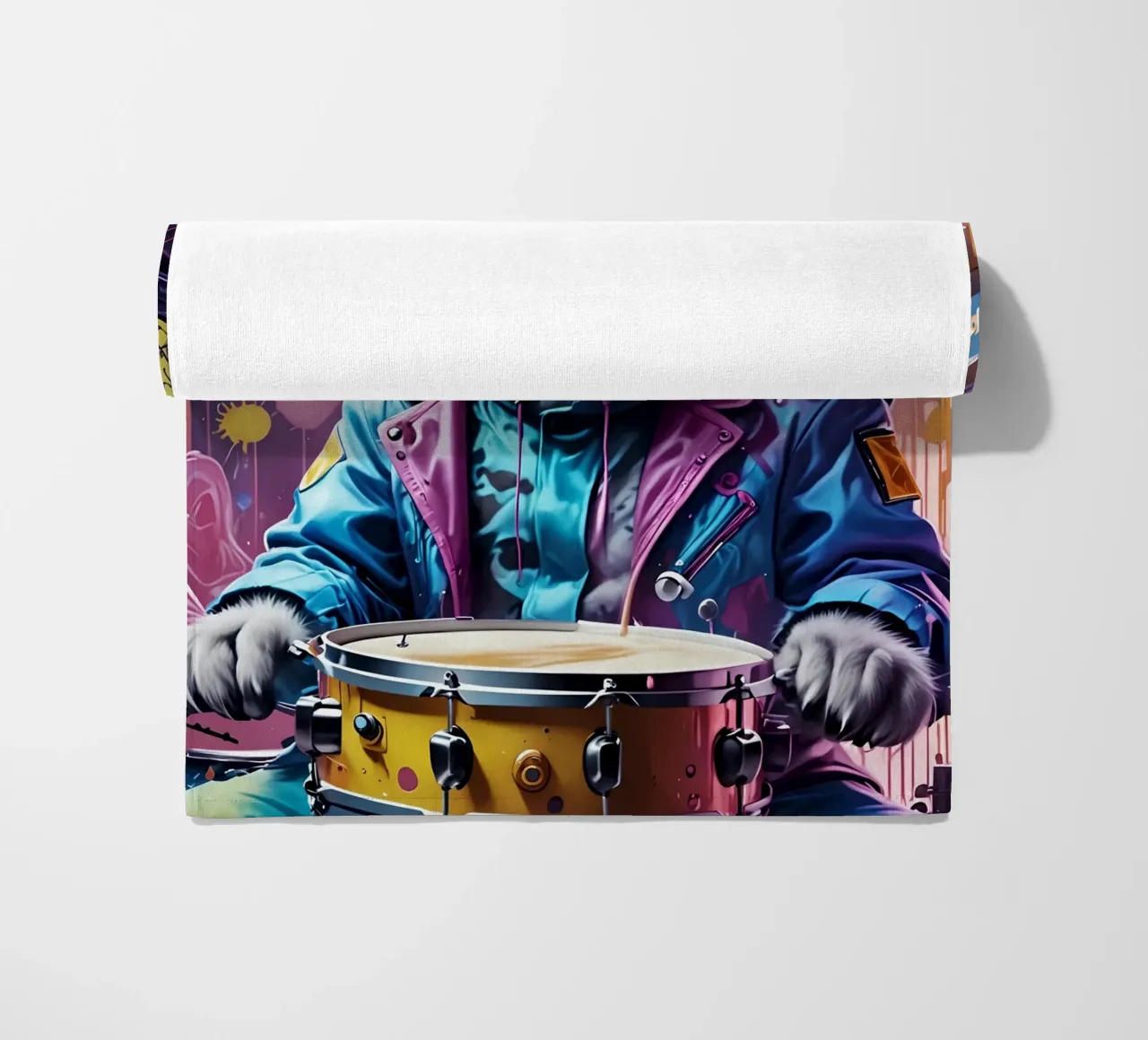 Cat and drum beach towel by MakArena