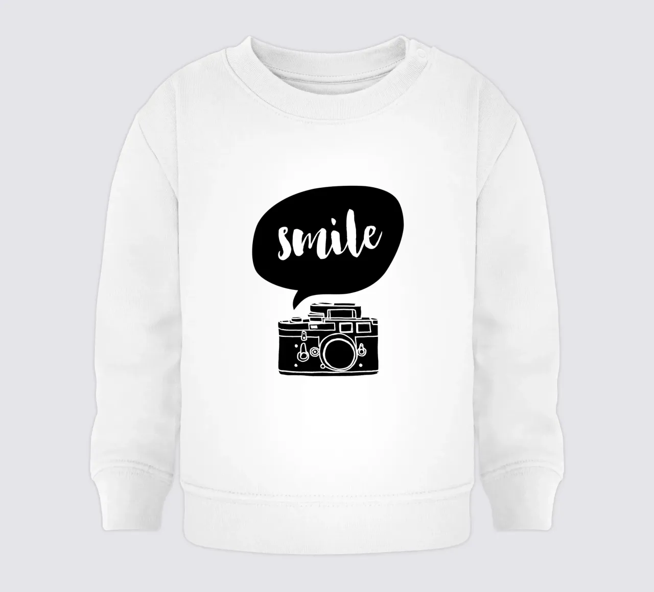 Smile Camera Typografie Design in bianco e nero monocromatico felpa neonato da THE MOTIVATED TYPE