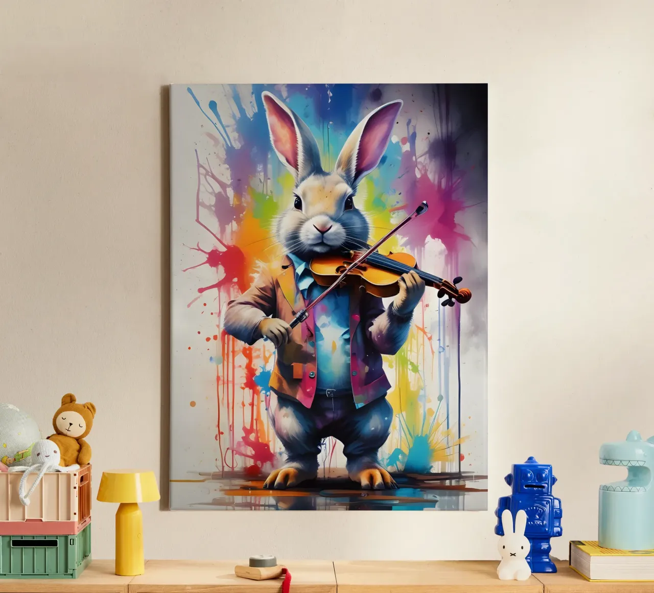 Rabbit plays the violin classical music canvas with Floater frame by MakArena
