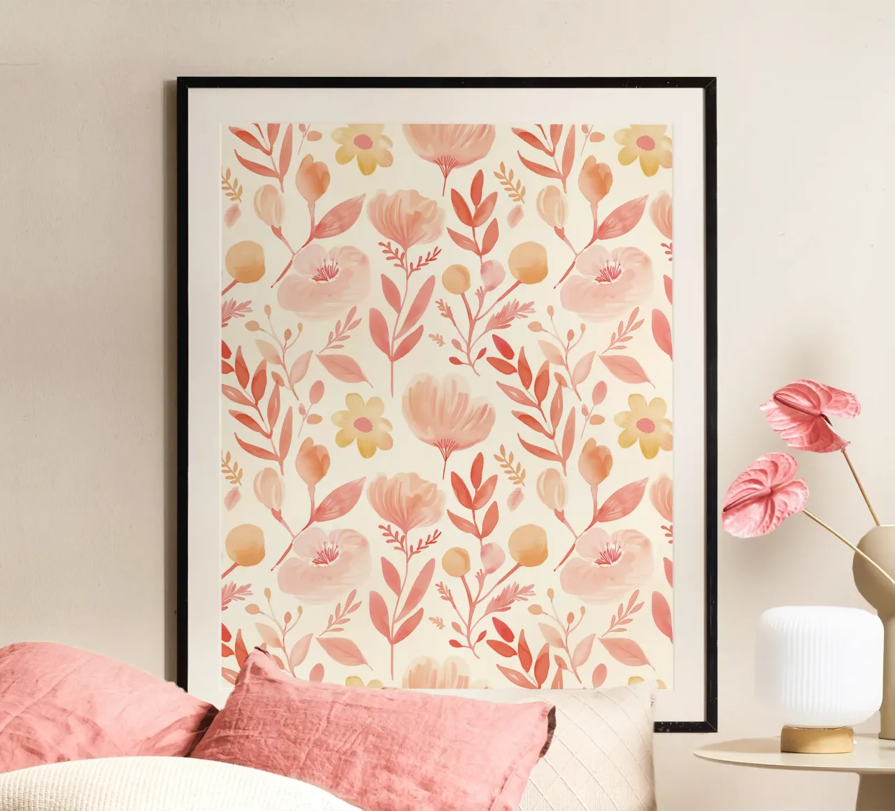 Vintage Botanical Poppy Flower Astratto Primavera Floreale Boho poster con telaio in alluminio da Gentle Echoes Art