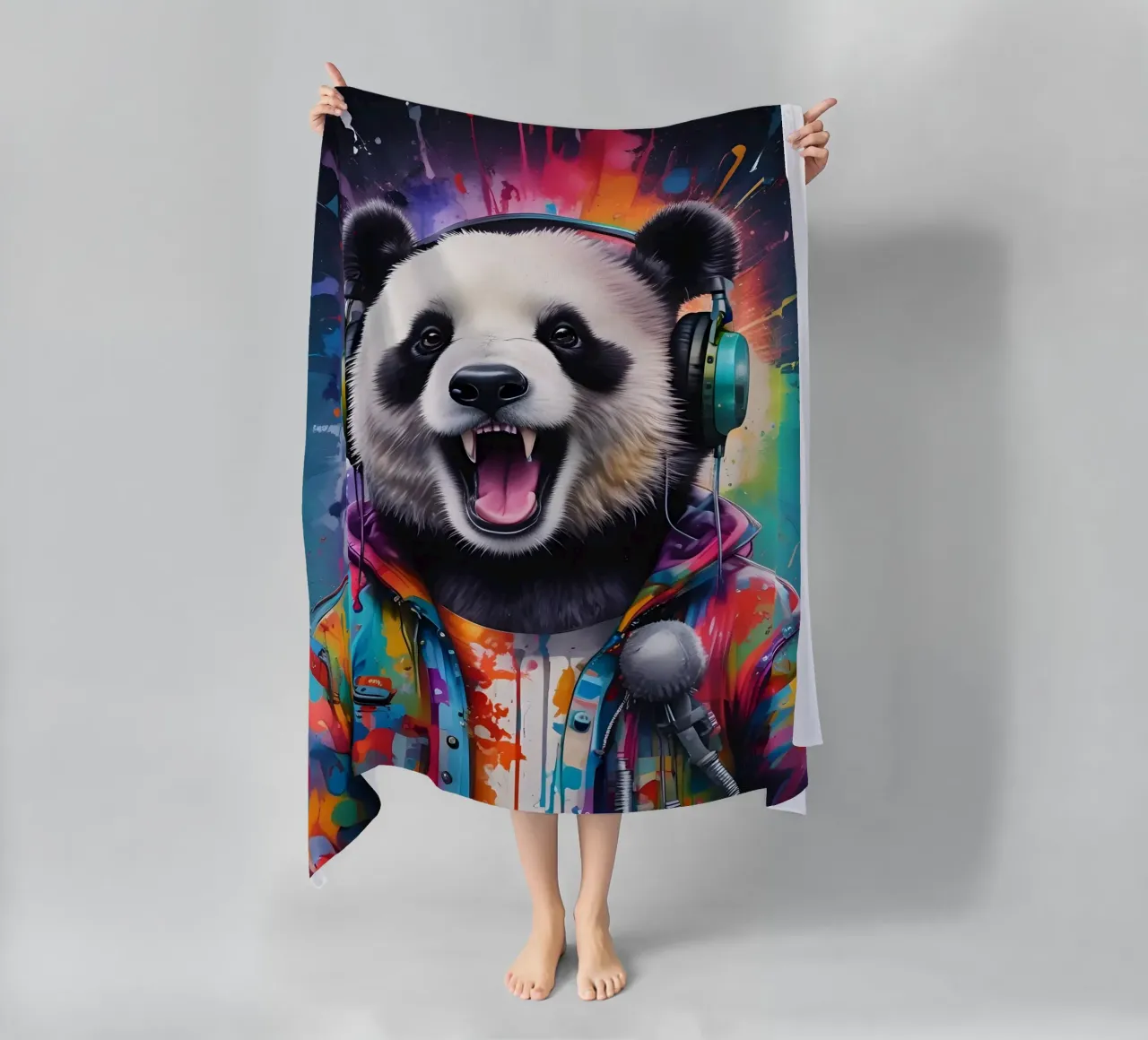 Un panda felice con le cuffie telo mare da MakArena
